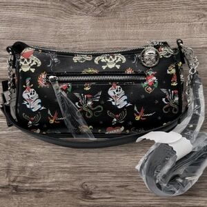 Ed Hardy NWT Black Shoulder Bag Crossbody Logo Tattoo Print Small Pleather Purse